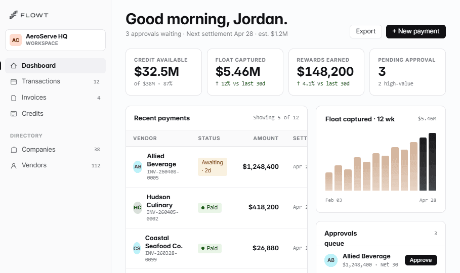The Flowt dashboard — schedule, approve, and reconcile vendor payments in one place